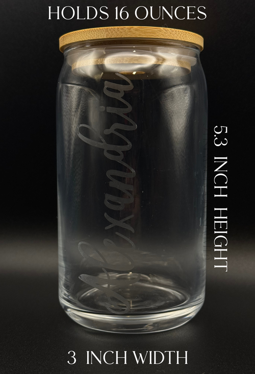 Custom Etched Name Iced Coffee Glass Can with Bamboo Lid & Straw