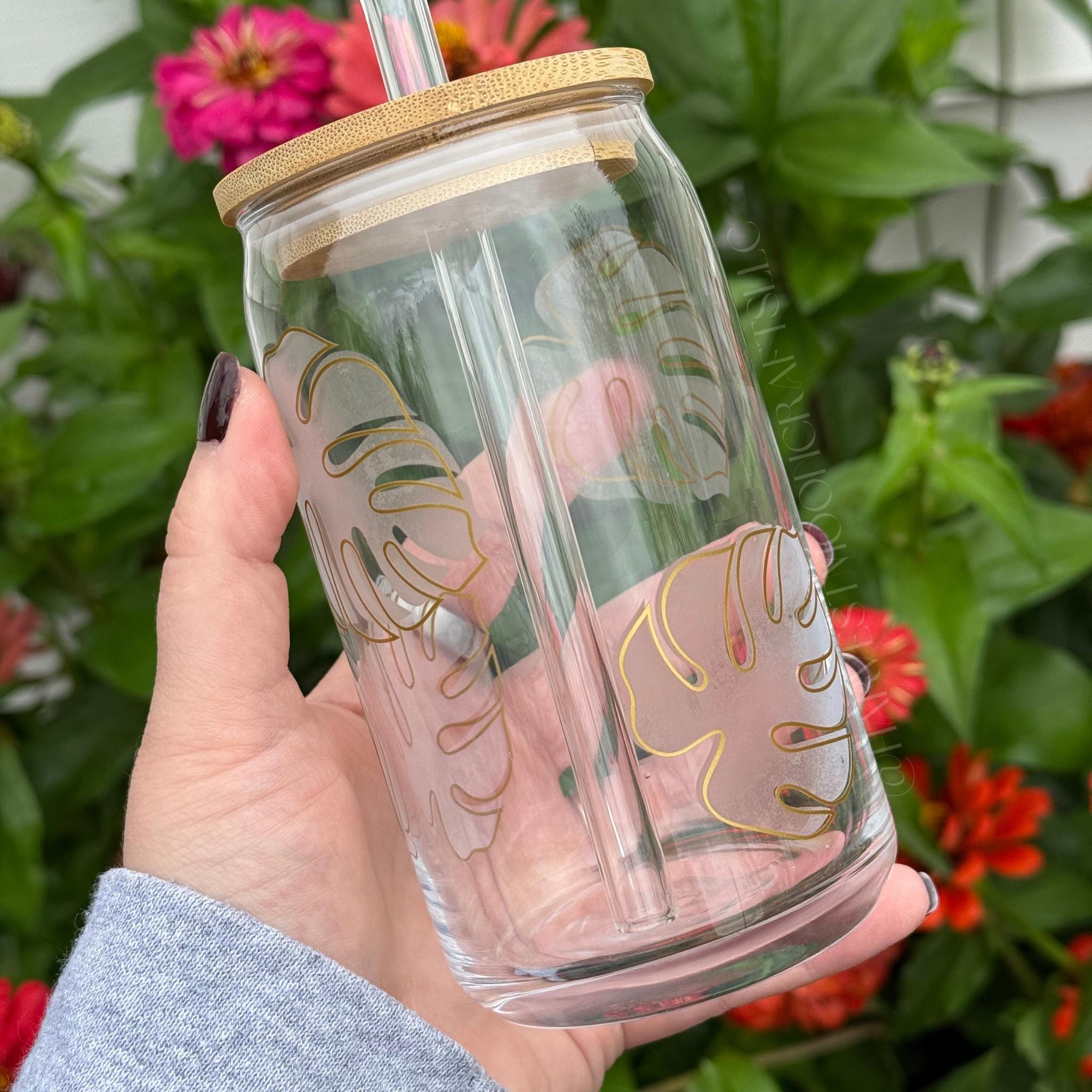 Monstera Plant Lover Etched Glass Can with Bamboo Lid & Straw