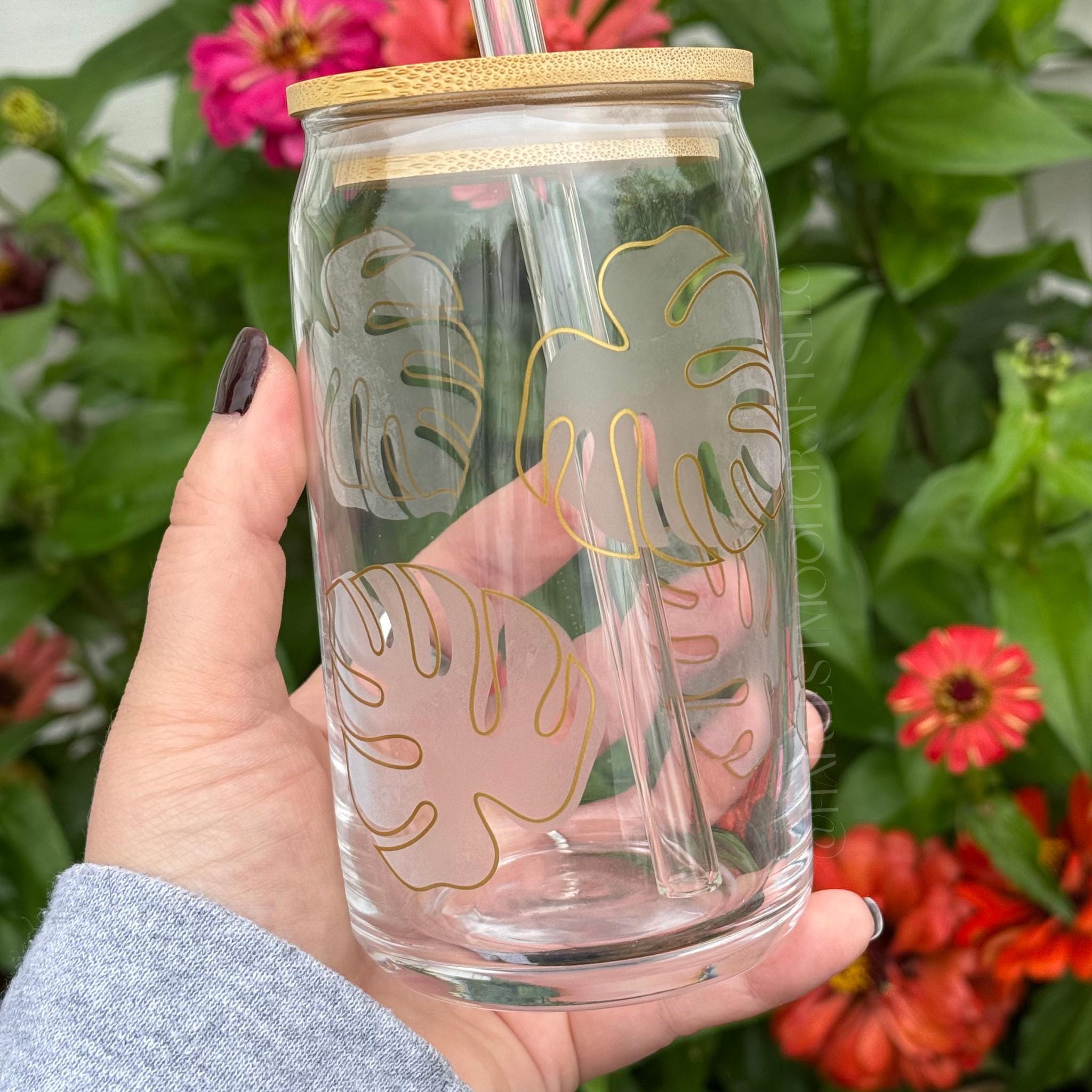 Monstera Plant Lover Etched Glass Can with Bamboo Lid & Straw