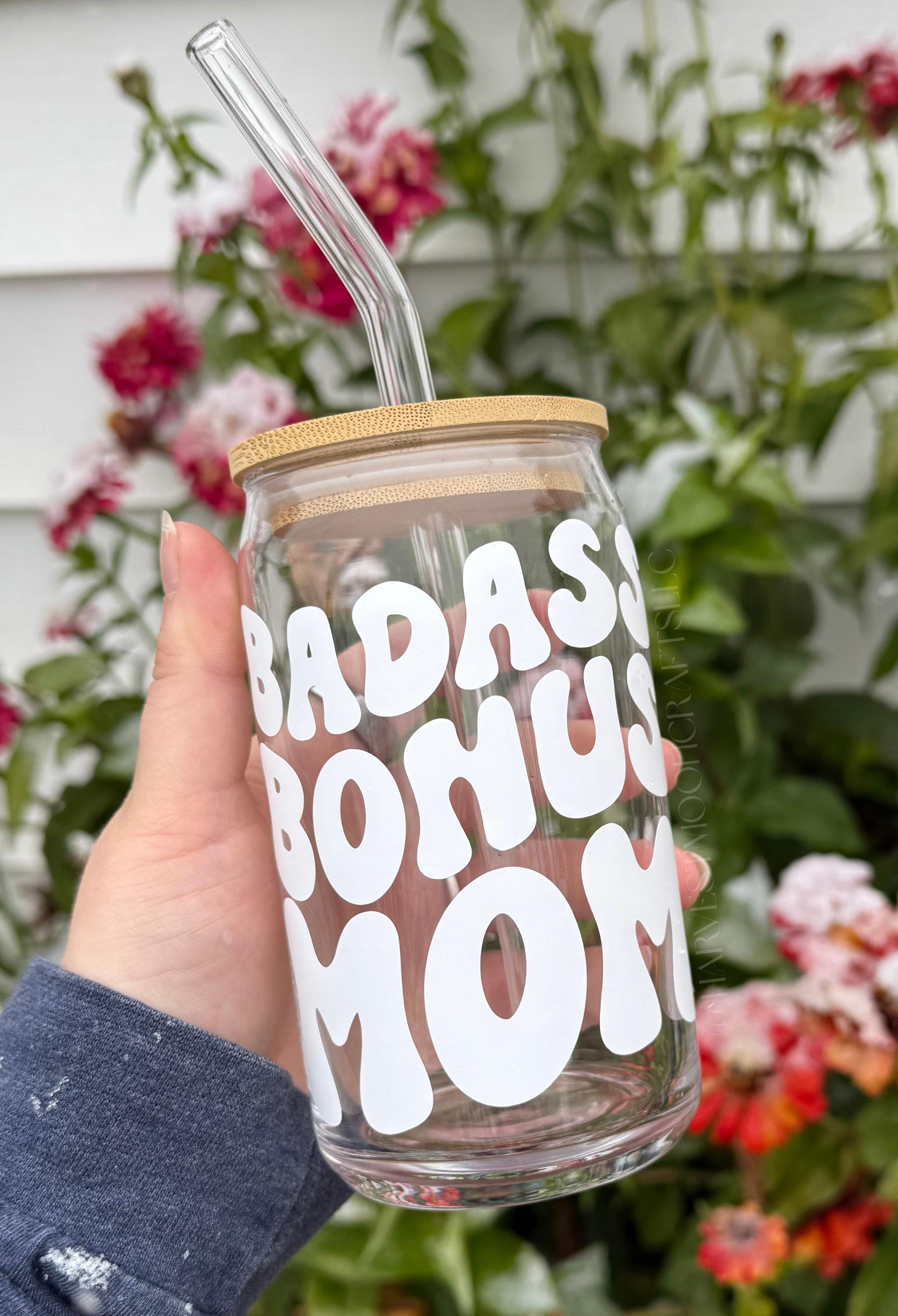 Badass Bonus Mom Glass Coffee Cup with Bamboo Lid & Straw