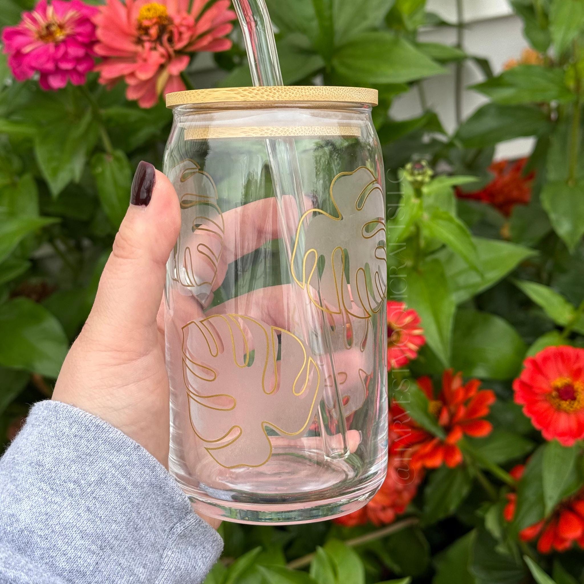 Monstera Plant Lover Etched Glass Can with Bamboo Lid & Straw