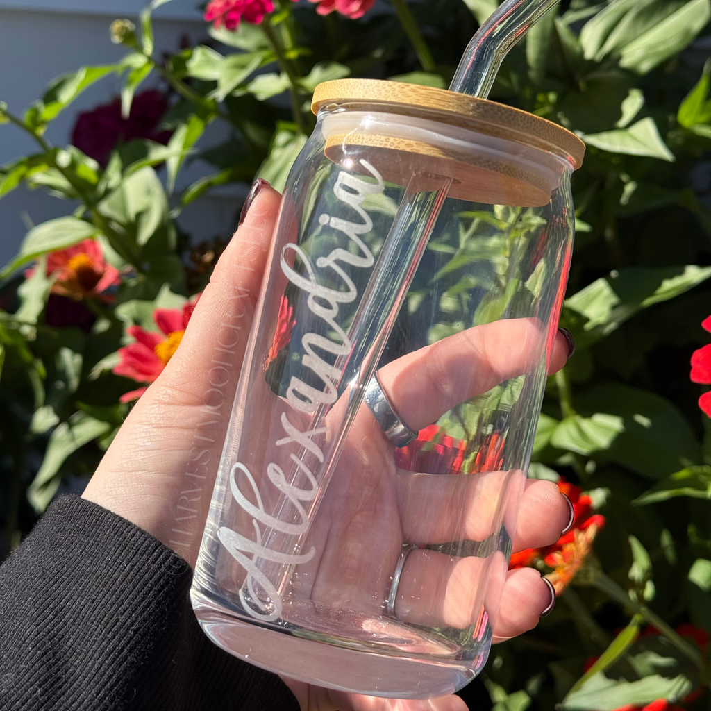 Custom Etched Name Iced Coffee Glass Can with Bamboo Lid & Straw
