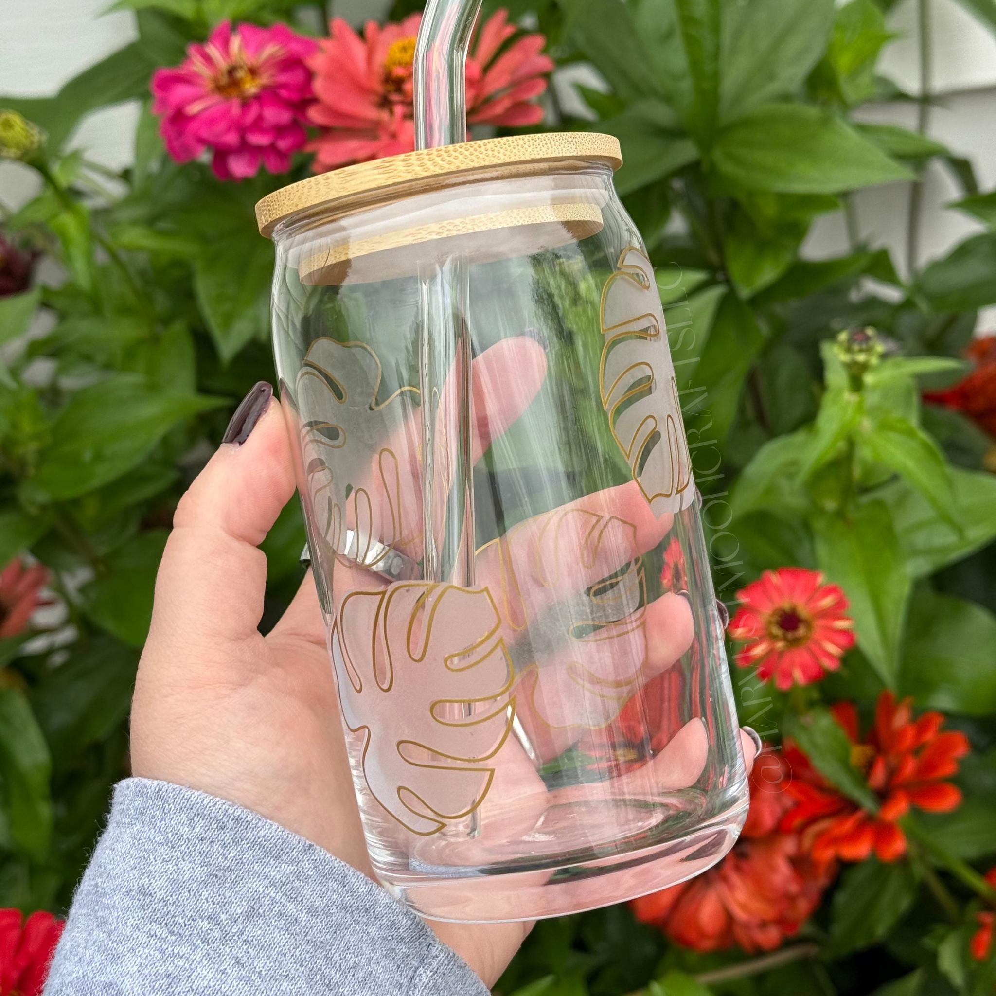Monstera Plant Lover Etched Glass Can with Bamboo Lid & Straw