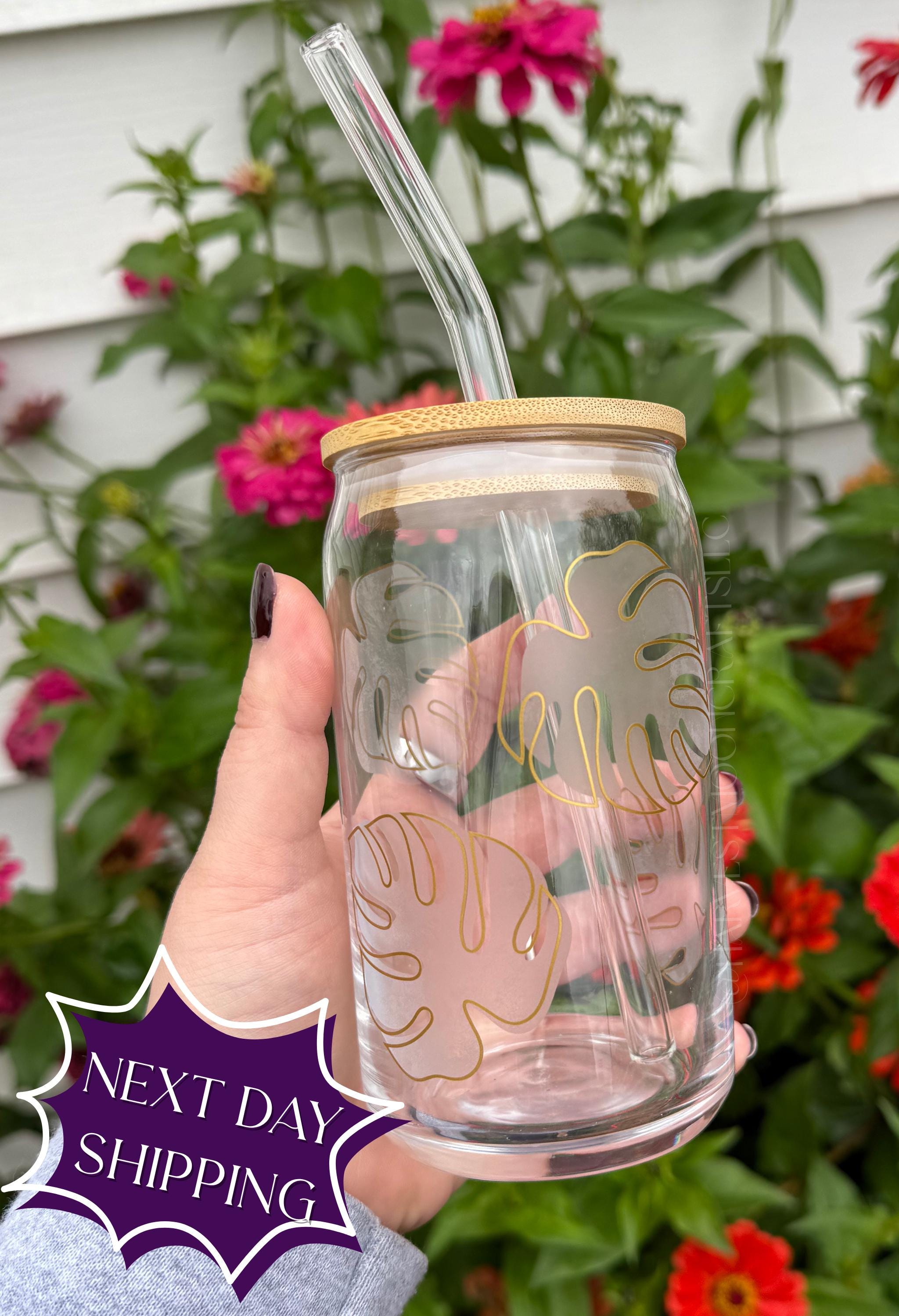 Monstera Plant Lover Etched Glass Can with Bamboo Lid & Straw