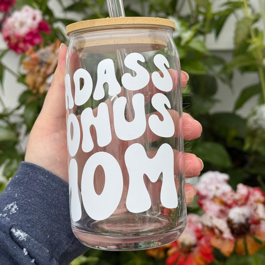 Badass Bonus Mom Glass Coffee Cup with Bamboo Lid & Straw