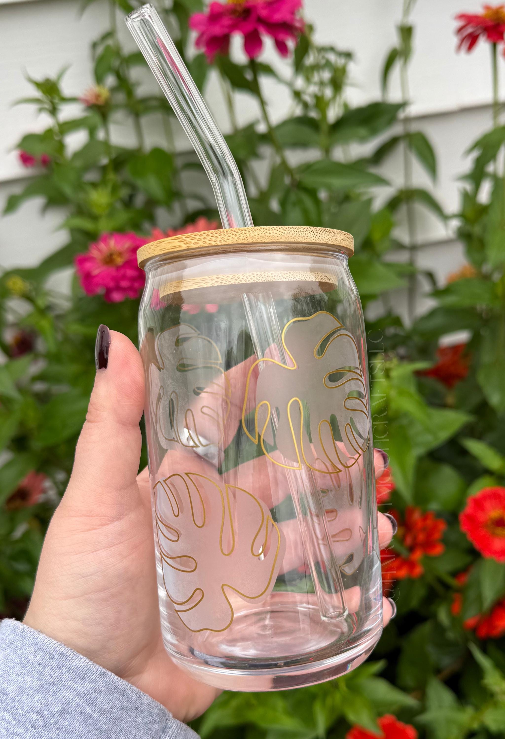 Monstera Plant Lover Etched Glass Can with Bamboo Lid & Straw