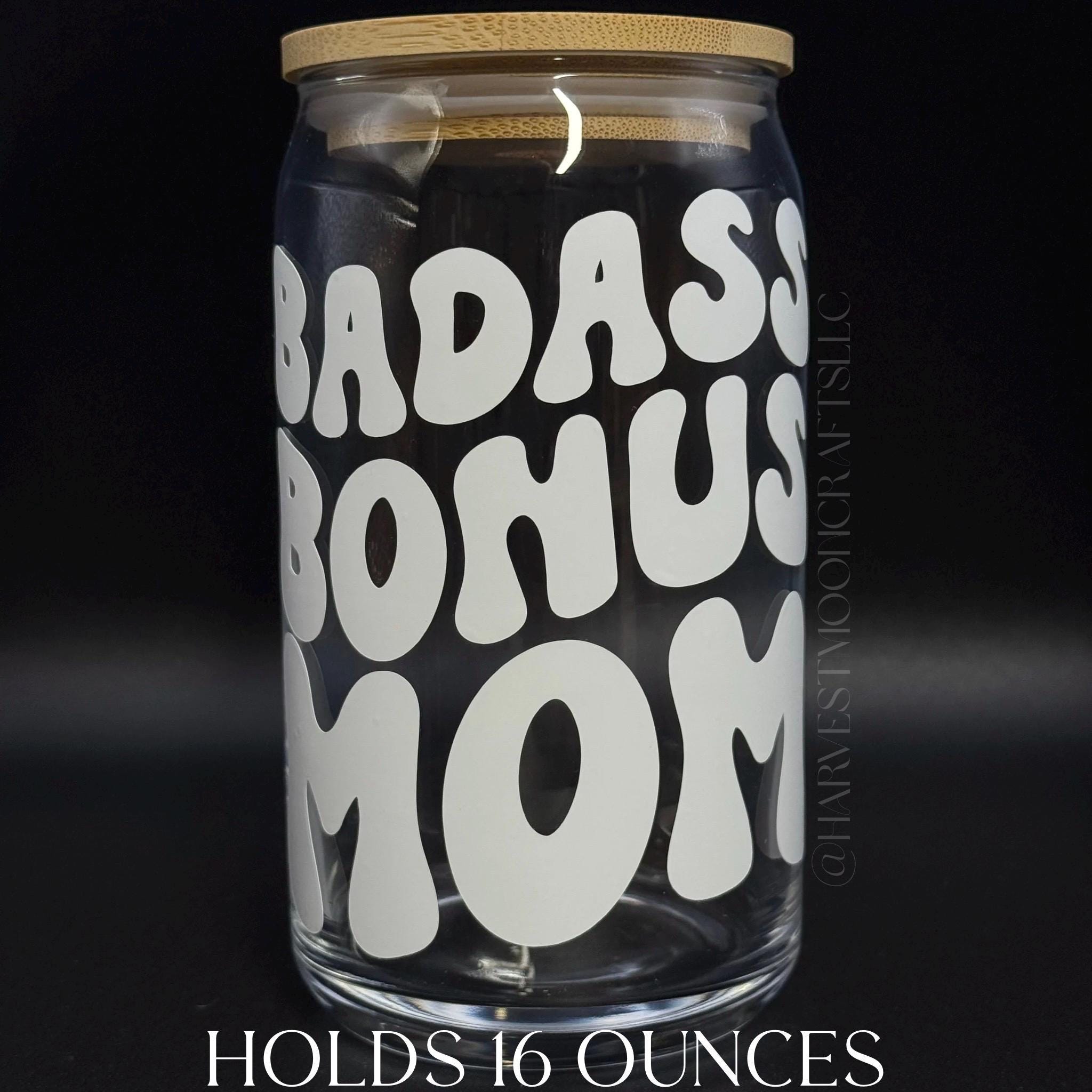 Badass Bonus Mom Glass Coffee Cup with Bamboo Lid & Straw