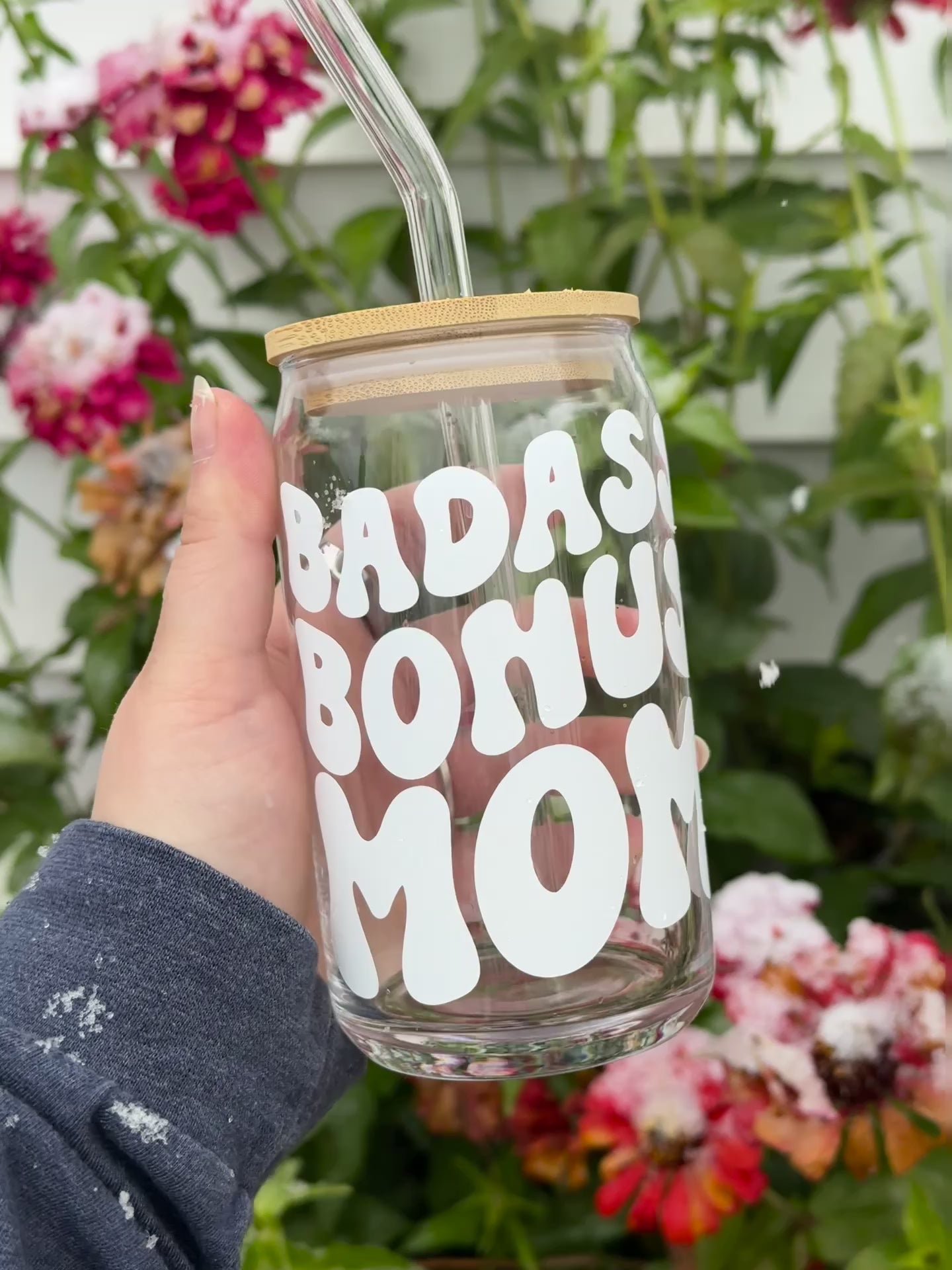 Badass Bonus Mom Glass Coffee Cup with Bamboo Lid & Straw